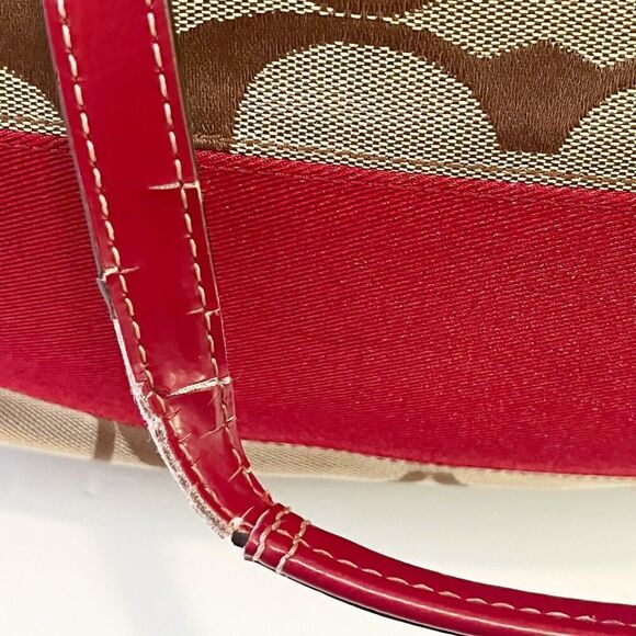 Coach Khaki Signature Cherry Red Tote Bag Handbag Weekender F17443 Patent Large - Picture 16 of 16